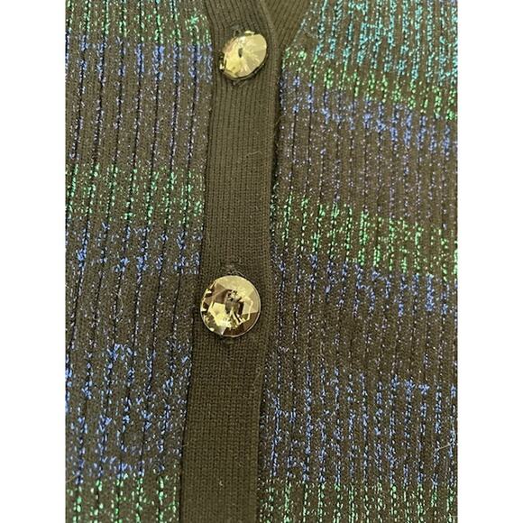 Intermix Sienna Ribbed Metallic Blue Green Striped Lurex Cardigan Collar Stretch - Picture 11 of 14